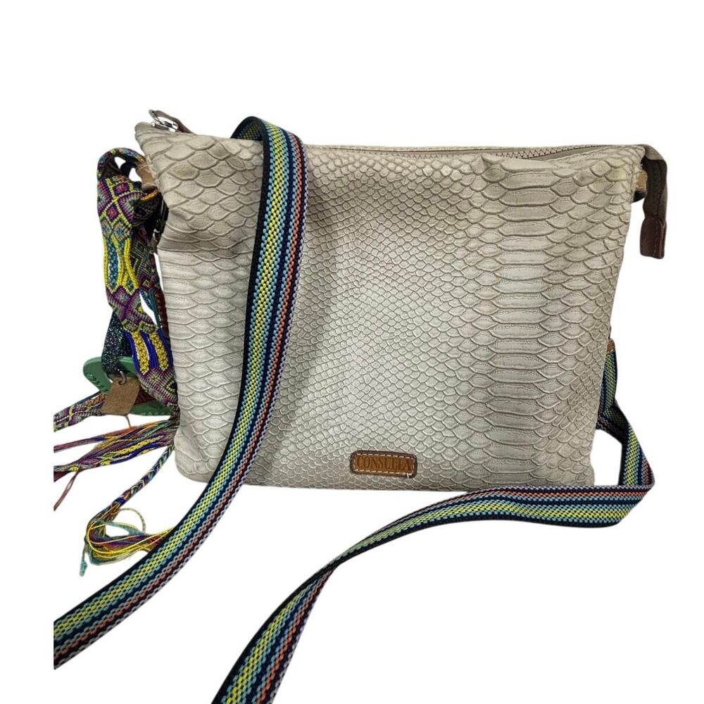 Consuela Cream Snakeskin Embossed Crossbody Bag Multicolor Woven Strap Boho